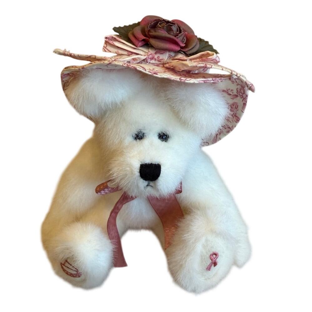 Boyds Bears Hope L. Bearywell Longaberger 2001 White Plush Bear Pink Ribbon Hat